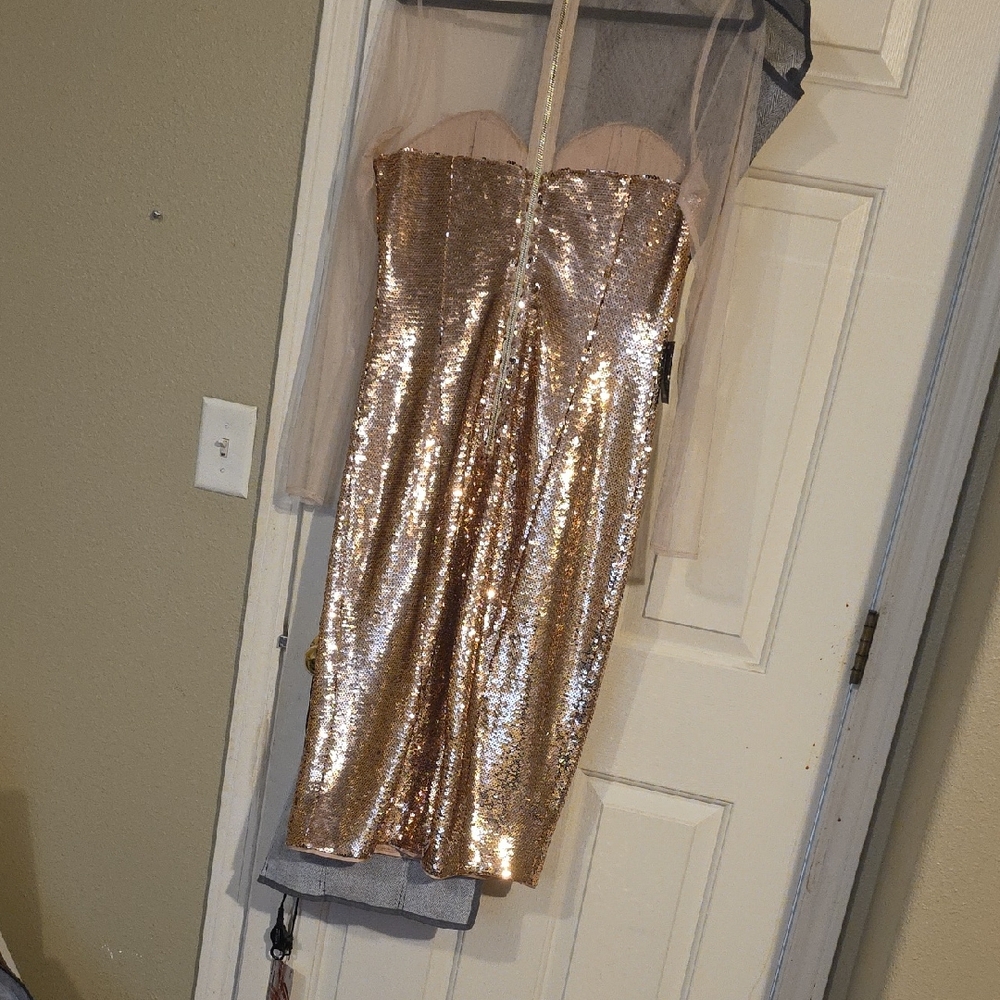 bebe Strapless Gold Sequin Dress